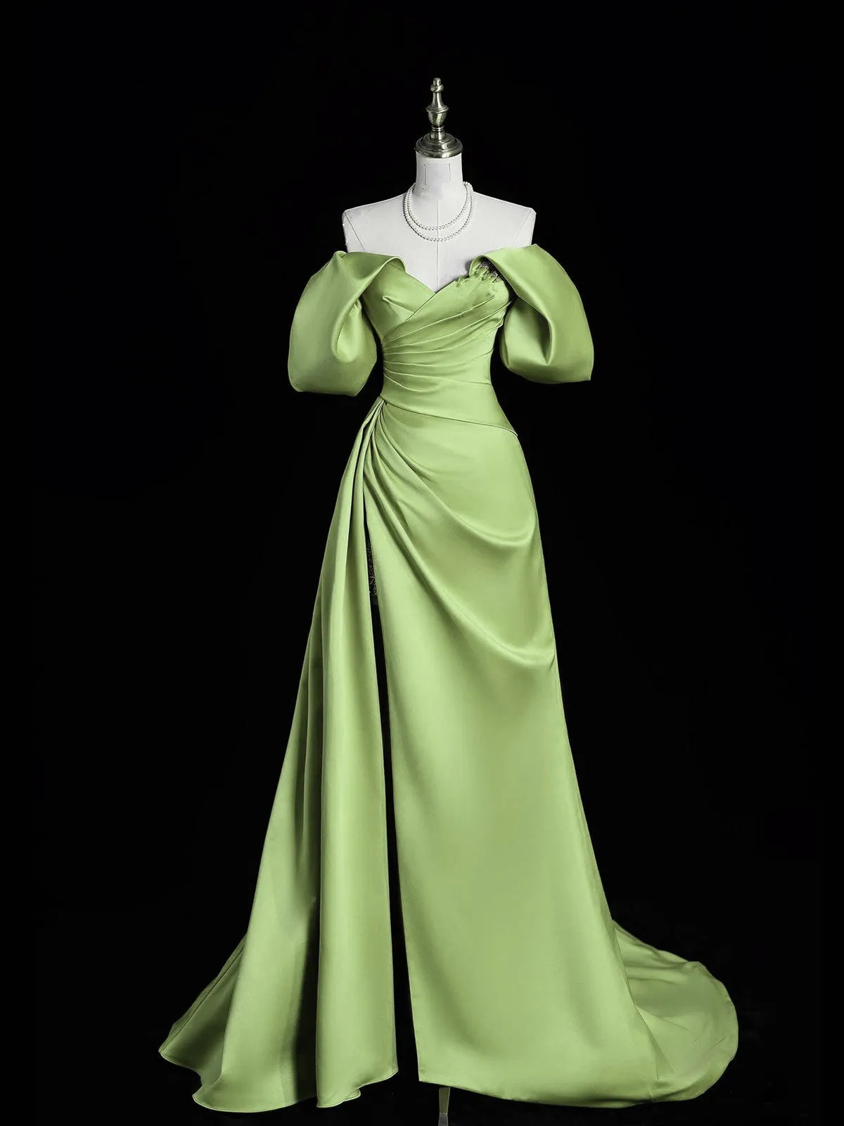 Green Satin Off Shoulder Long Formal Dress with Leg Slit, Green Satin Prom Dress