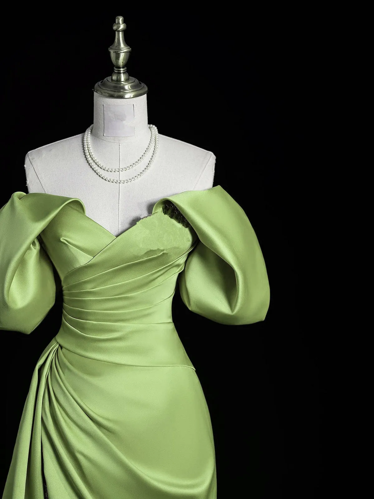 Green Satin Off Shoulder Long Formal Dress with Leg Slit, Green Satin Prom Dress