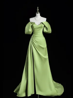 Green Satin Off Shoulder Long Formal Dress with Leg Slit, Green Satin Prom Dress