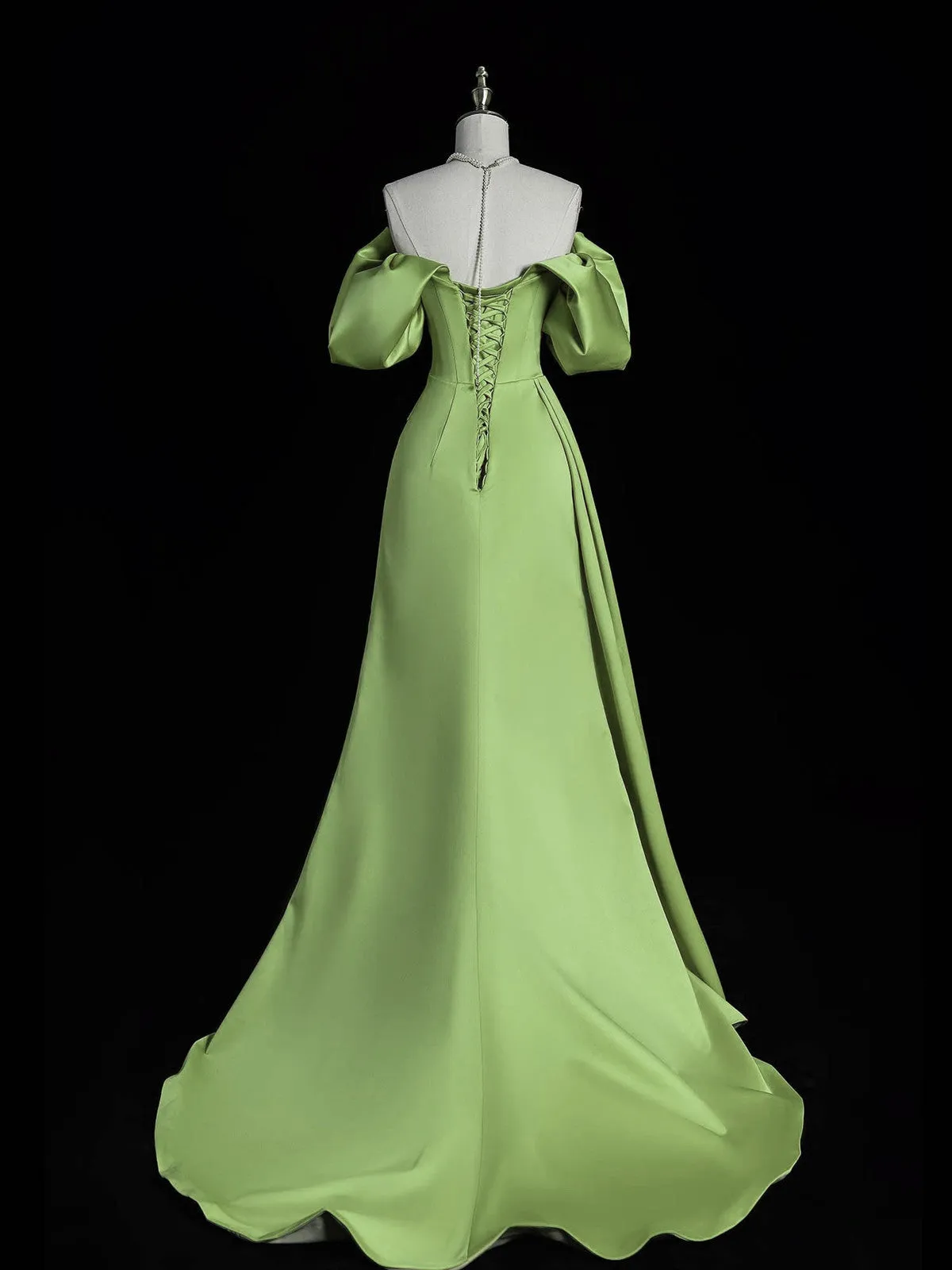 Green Satin Off Shoulder Long Formal Dress with Leg Slit, Green Satin Prom Dress